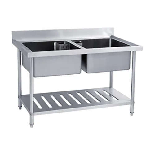 SS304 600mm Double Sinks Bench With Under Shelf