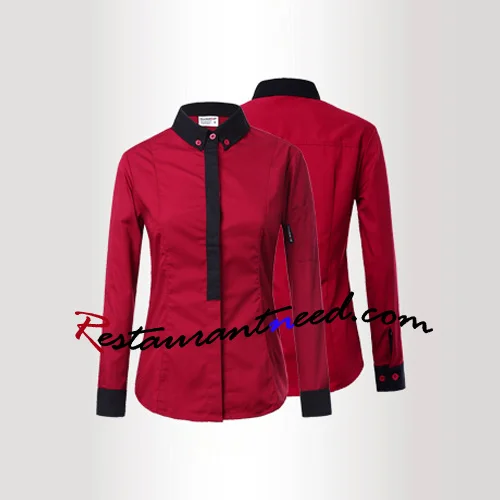 Wine Red Collar Long-Sleeve Waitress Uniform