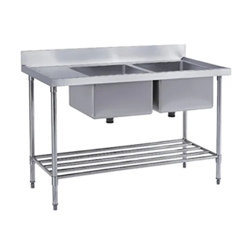 SS304 600mm Double Sinks Bench With Pot Shelf