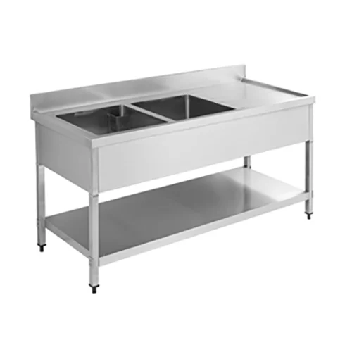 SS304 600mm Double Sinks Bench With Under Shelf