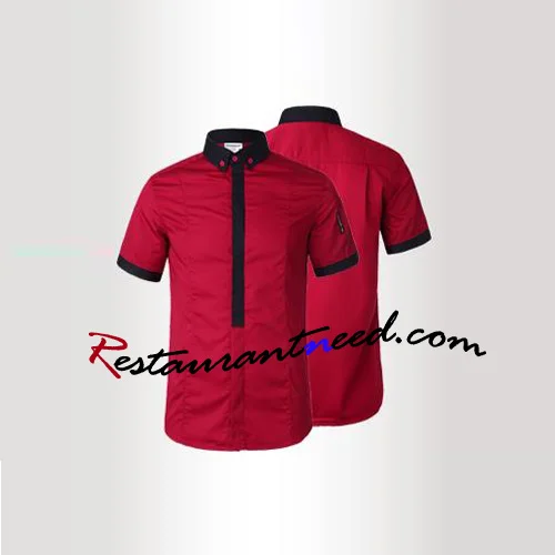 Wine Red Collar Short-Sleeve Waiter Uniform