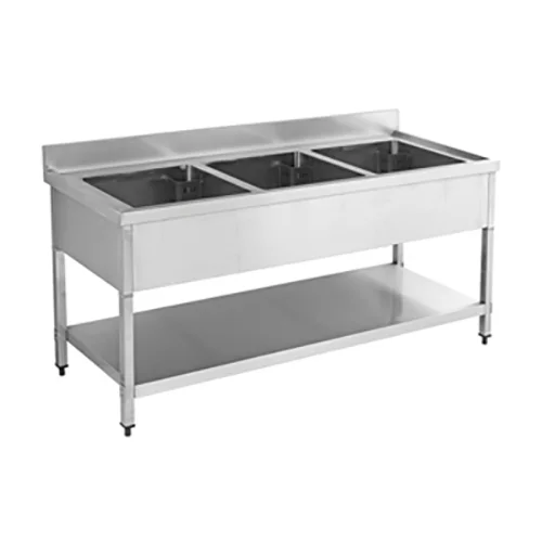 SS304 600mm Triple Sinks Bench With Under Shelf