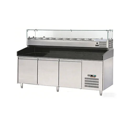 FEELART 3 Door Pizza Prep Station with Glass Countertop Showcase