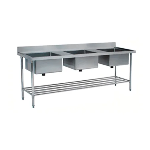 SS304 600mm Triple Sinks Bench With Pot Shelf